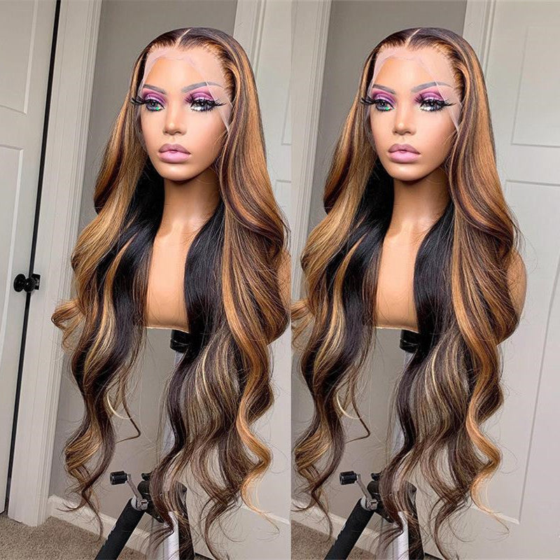 Balayage Color Black Roots Transparent Lace Wig Natural Wave Glueless Wig