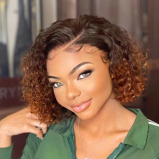 Ombre Brown Side Parted 13x4 Bob Curly Transparent Lace Human Hair Wigs