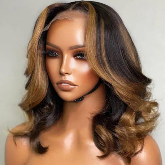 14inch Highlighted Brown Bob Wig 13x4 Lace Frontal Wig Body Wave Wigs
