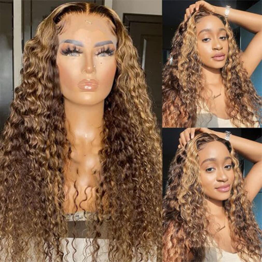 Mixed Highlight Piano Color Deep Wave Wig Transparent Lace Front Wig