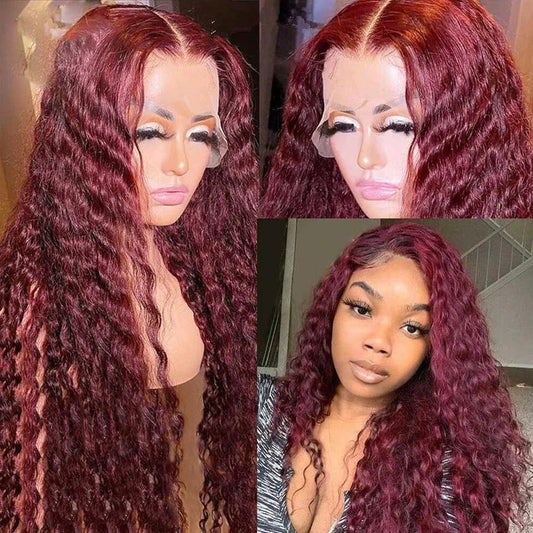Super Natural Hairline 99J Color Loose Curly Wigs 13x4 Lace Frontal Wig