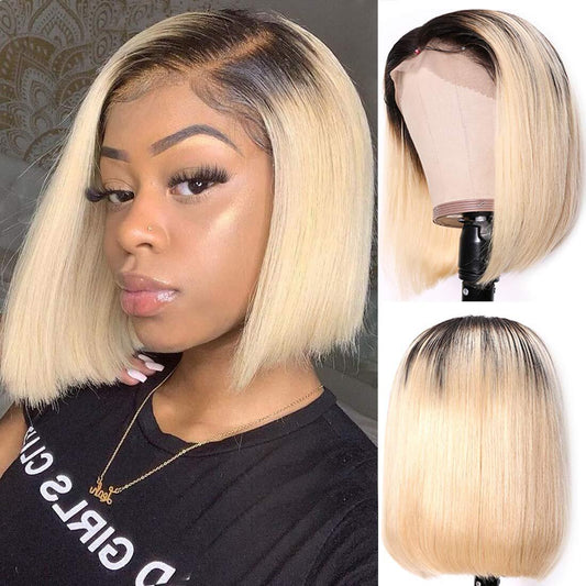 Ombre Blonde T1B/613# Short Bob T4/613# Lace Frontal Wig Straight Hair
