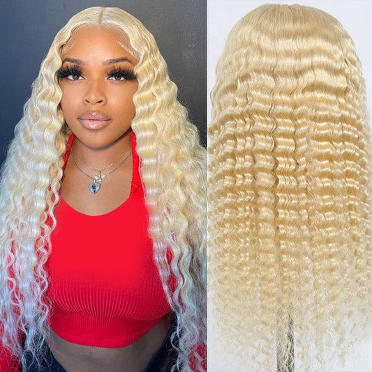 613# Deep Wave Blonde Color Human Hair Lace Frontal Wig