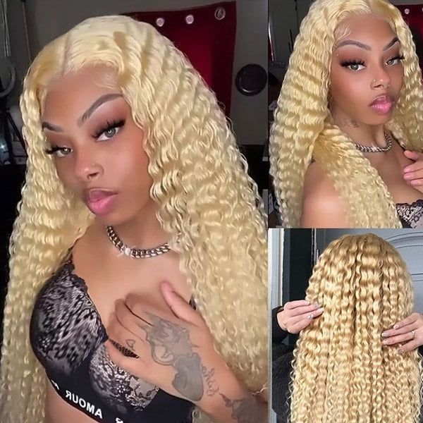 613# Deep Wave Blonde Color Human Hair Lace Frontal Wig