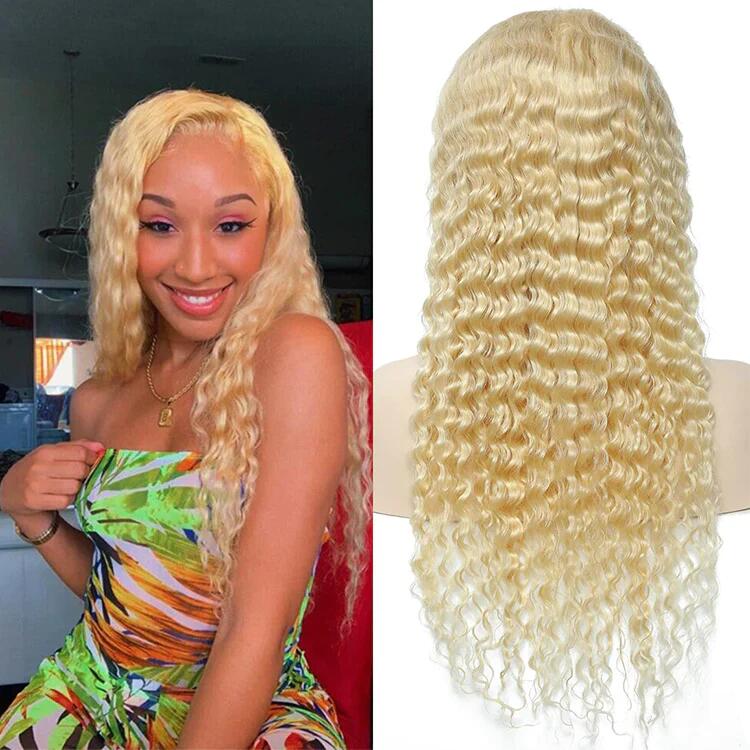 613# Deep Wave Blonde Color Human Hair Lace Frontal Wig