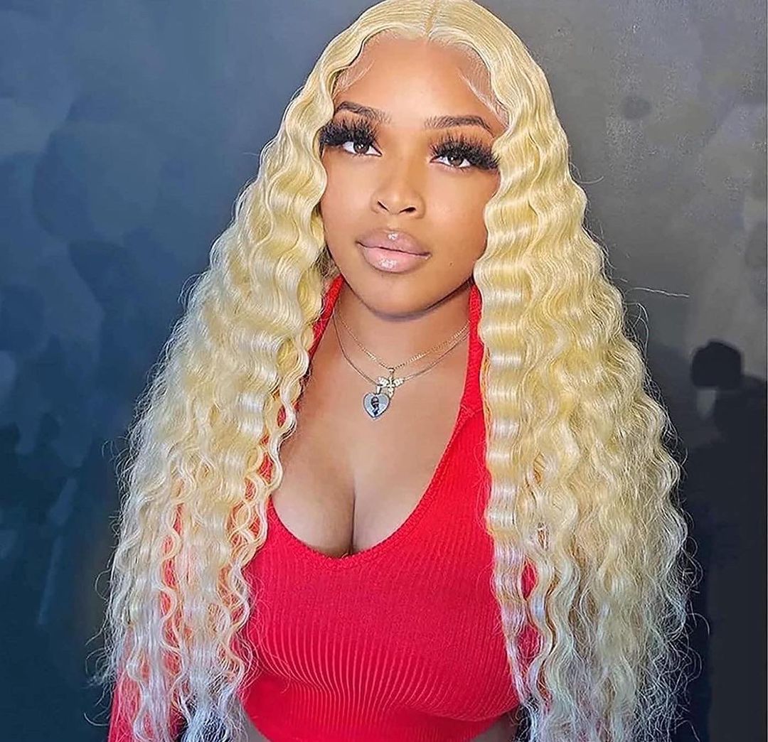 613# Deep Wave Blonde Color Human Hair Lace Frontal Wig