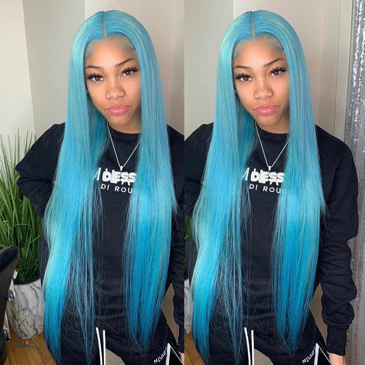 Pre Colored Light Blue Transparent Lace Frontal Wig Straight Human Hair