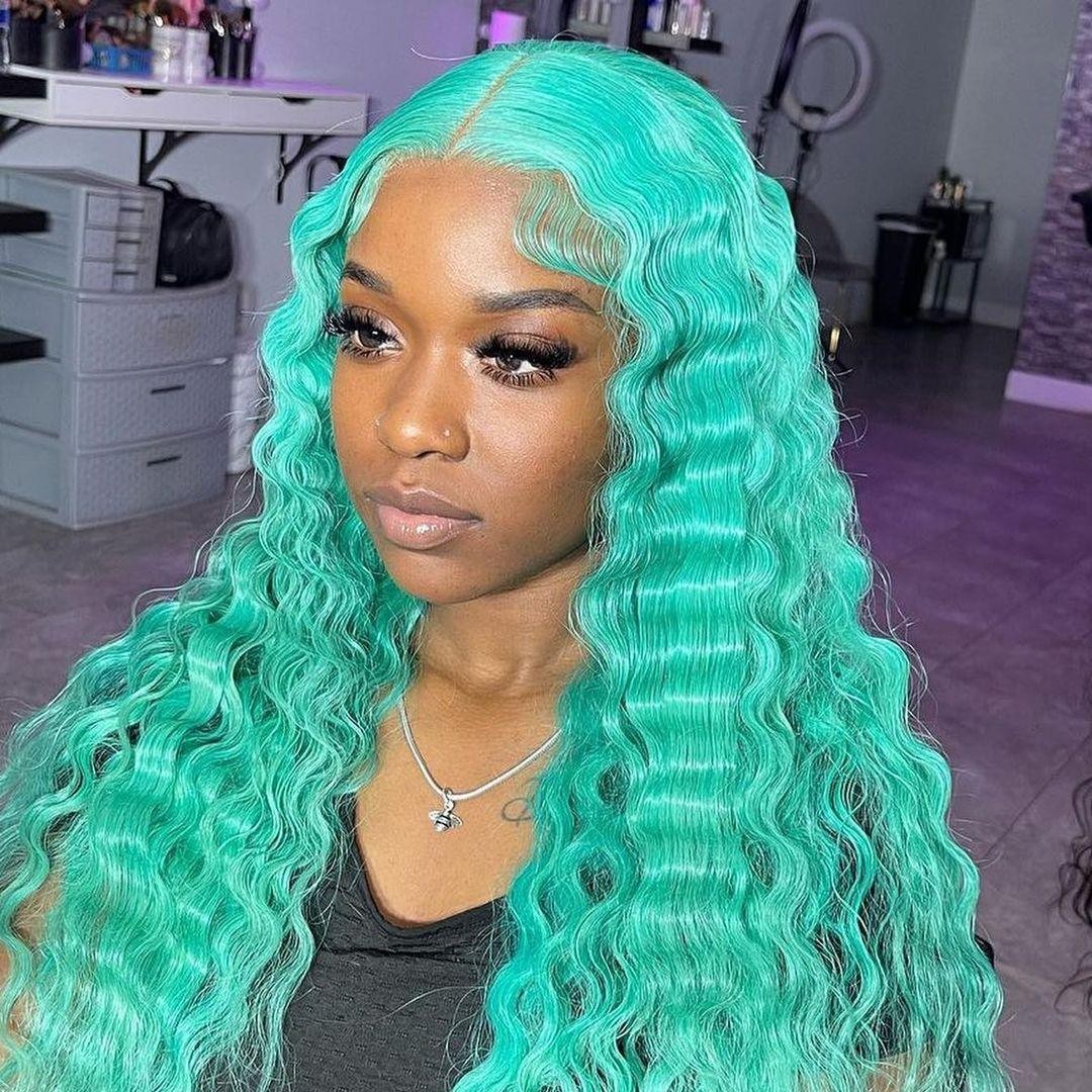 180% Density Blue Color 5x5 Lace Closure Wig Human Hair Body Wave Full Frontal Wig
