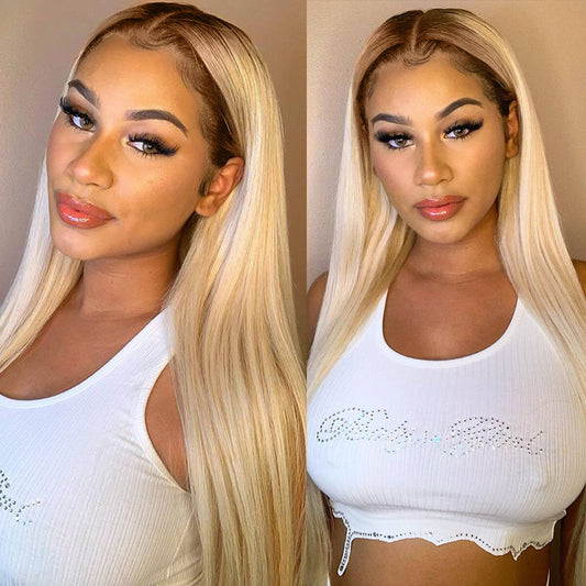 Affordable Ombre Blonde With Brown Roots 5x5 Lace Closure Wig Straight Hair