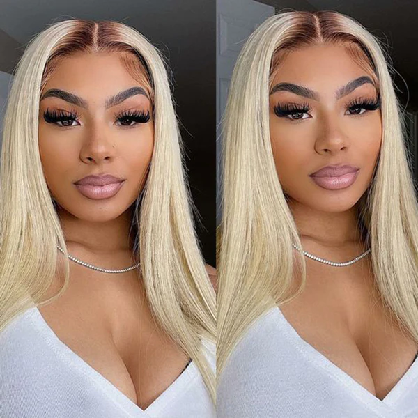 Affordable Ombre Blonde With Brown Roots 5x5 Lace Closure Wig Straight Hair