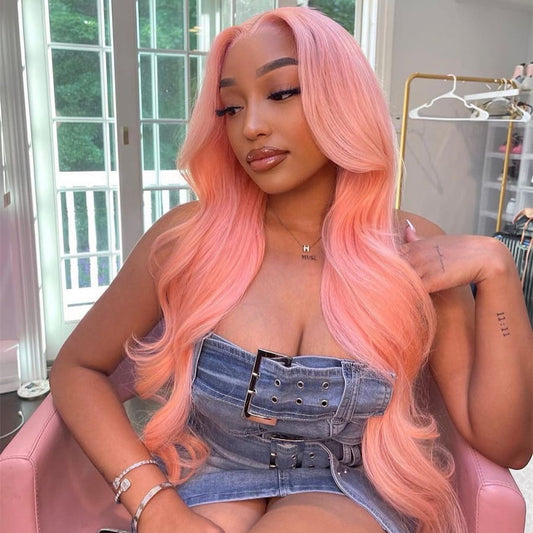 Pink Color Body Wave 13x6 Full Frontal Wig Transparent Lace Wig