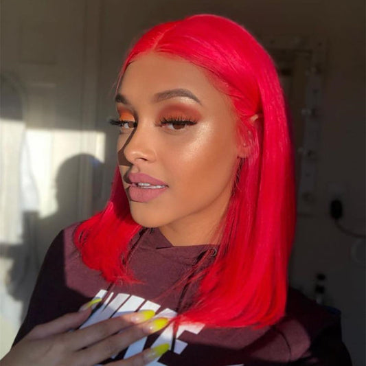 Red Color Human Hair Short Bob Wig Straight Lace Frontal Wig