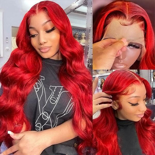 Red Color Transparent Lace Frontal Wig Body Wave Pre Colored Lace Closure Wig