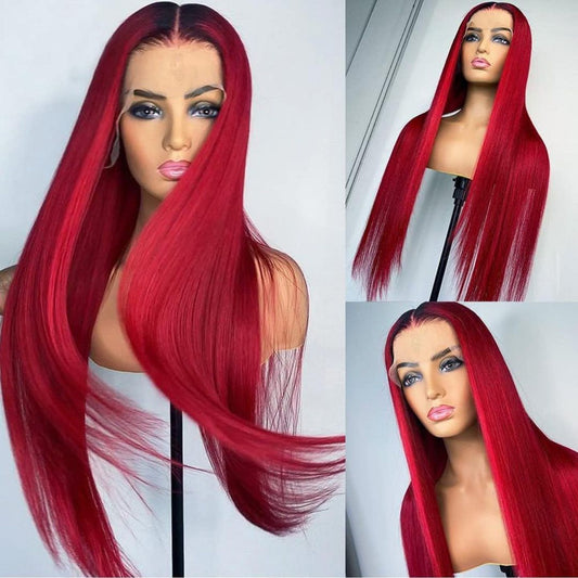 Real Swiss HD Lace Ombre Red Color Straight 13x4 Lace Frontal Wig