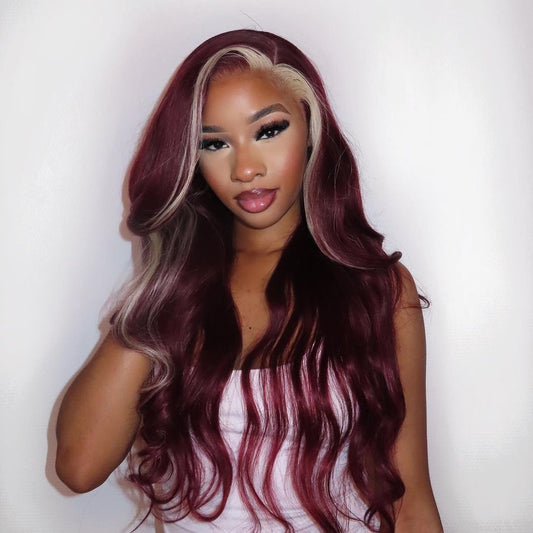 Skunk Strip Burg With Blonde Highlights Body Wave Human Hair Lace Closure Wig