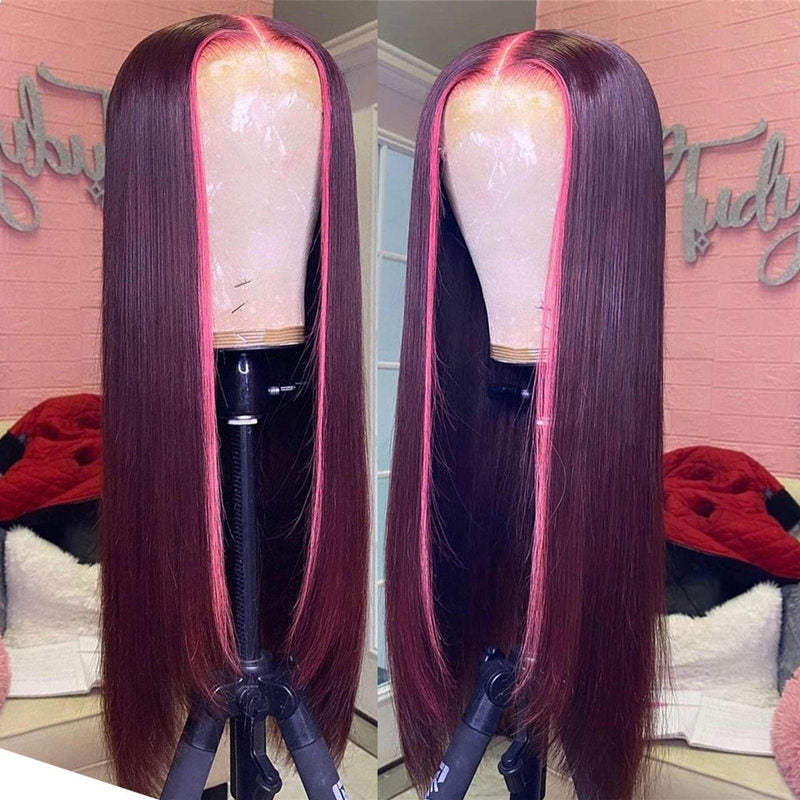 Skunk Strip Burg Color Middle Parted Straight Lace Frontal Closure Wigs