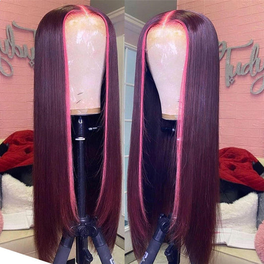Skunk Strip Burg Color Middle Parted Straight Lace Frontal Closure Wigs
