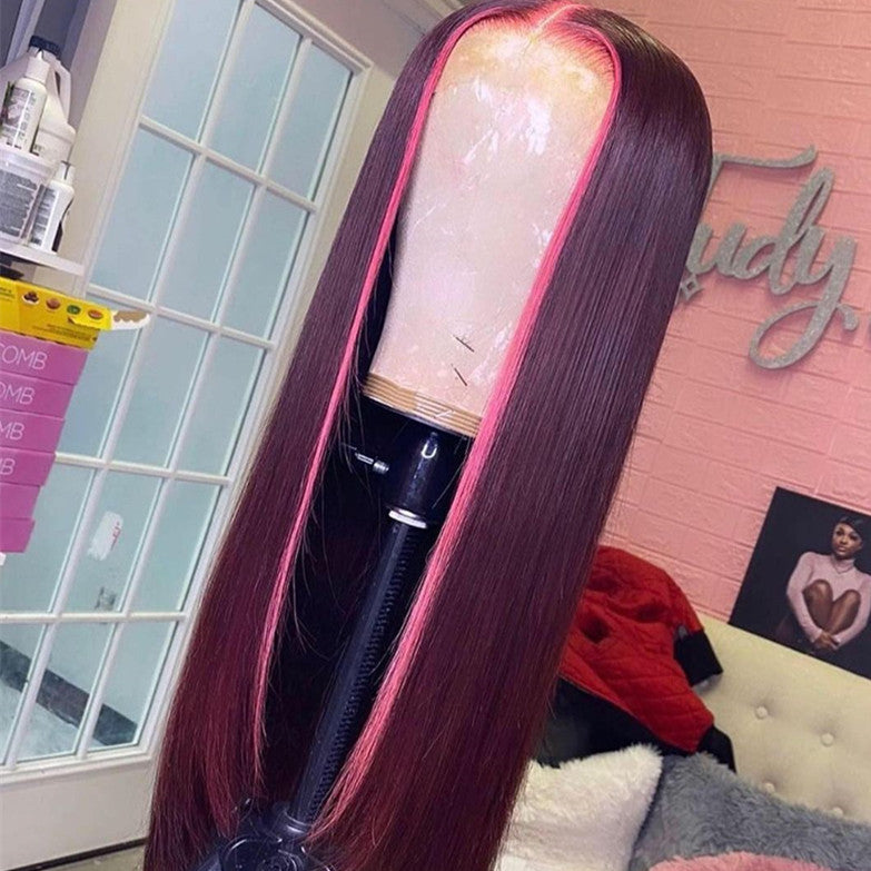 Skunk Strip Burg Color Middle Parted Straight Lace Frontal Closure Wigs