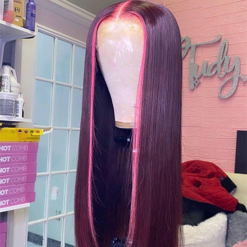 Skunk Strip Burg Color Middle Parted Straight Lace Frontal Closure Wigs