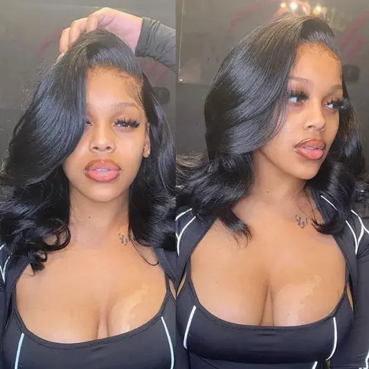 Body Wave Short Bob Wig Natural Black Color Lace Front 13X4 Lace Pre Plucked Hairline