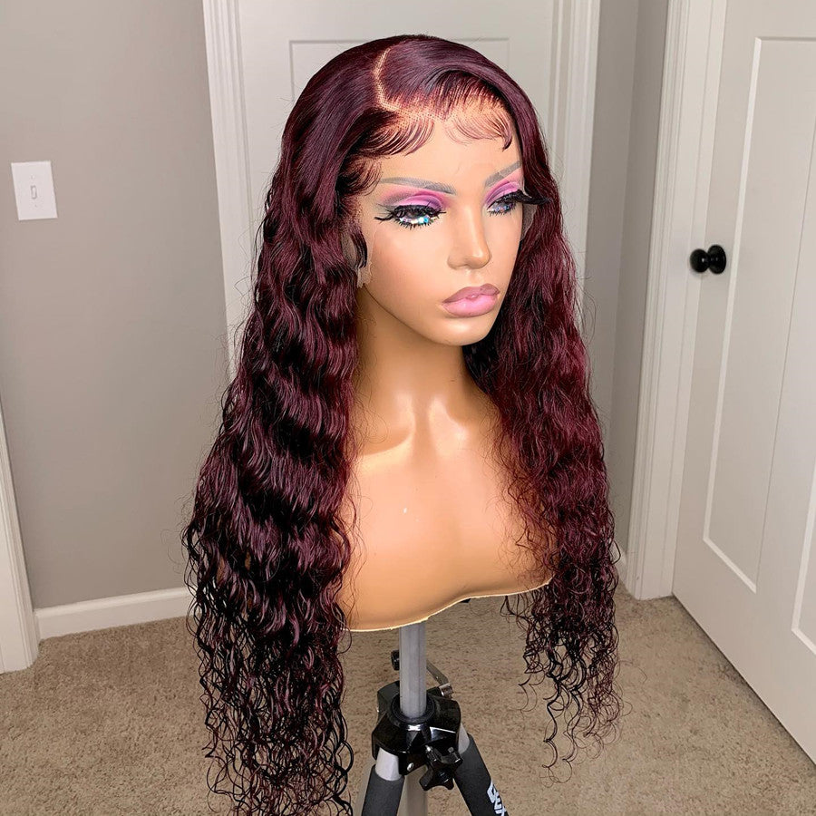 Super Natural Hairline 99J Color Loose Curly Wigs 13x4 Lace Frontal Wig