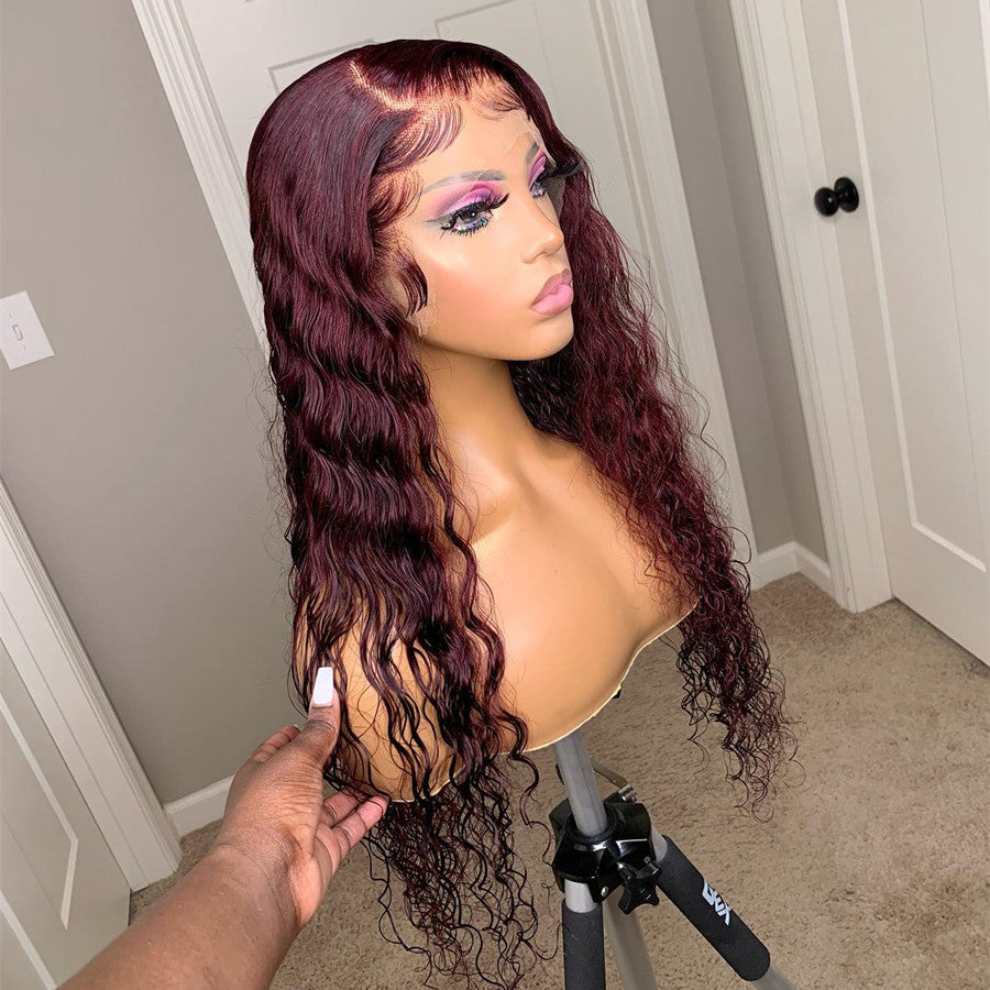 Super Natural Hairline 99J Color Loose Curly Wigs 13x4 Lace Frontal Wig