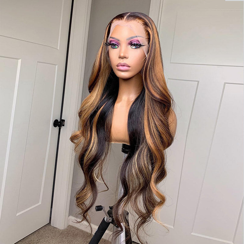 Balayage Color Black Roots Transparent Lace Wig Natural Wave Glueless Wig