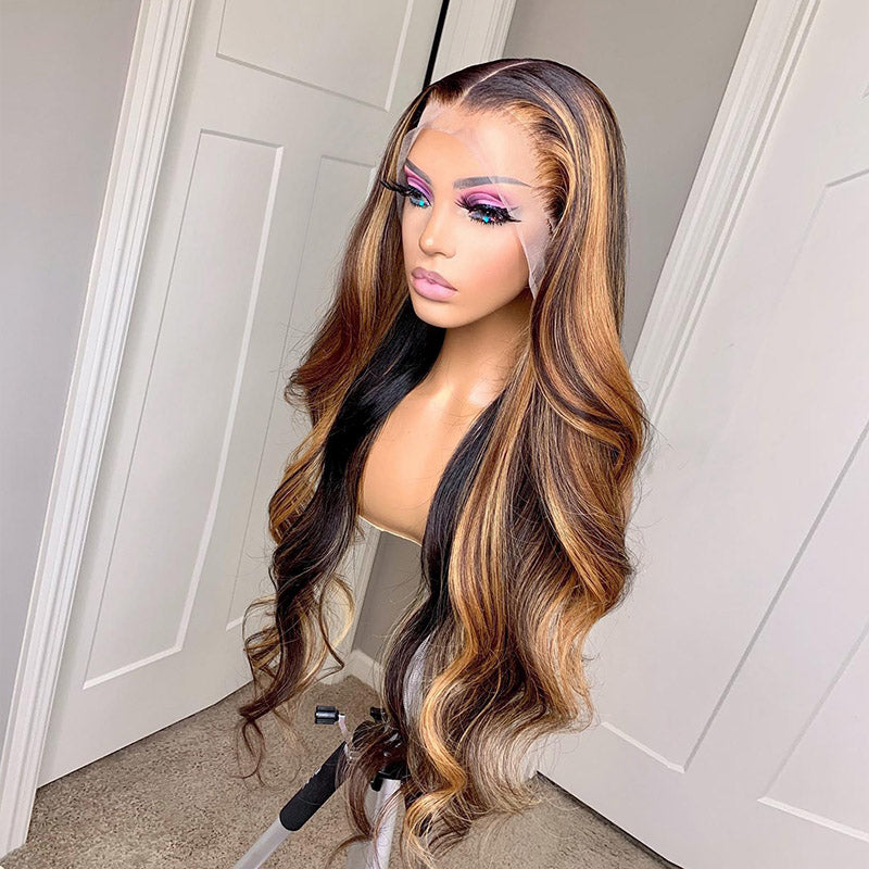 Balayage Color Black Roots Transparent Lace Wig Natural Wave Glueless Wig