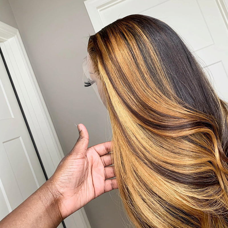 Balayage Color Black Roots Transparent Lace Wig Natural Wave Glueless Wig