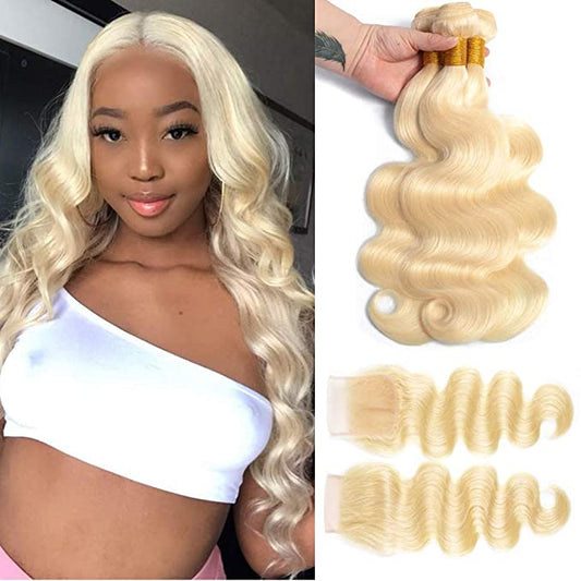 Body Wave Hair Bundles Blonde Color Hair 3Pcs with Free Part Lace Closure