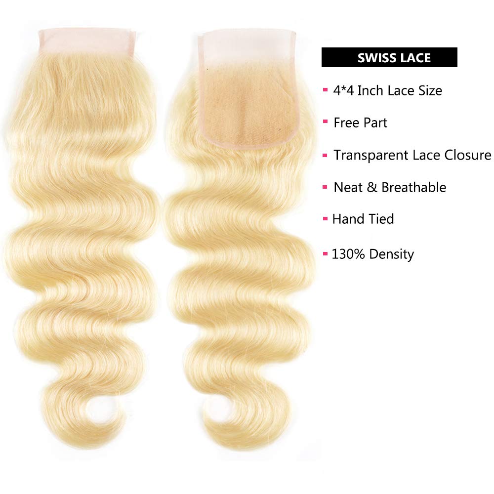 Body Wave Hair Bundles Blonde Color Hair 3Pcs with Free Part Lace Closure