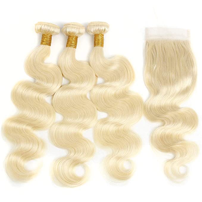 Body Wave Hair Bundles Blonde Color Hair 3Pcs with Free Part Lace Closure