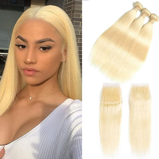 Blonde #613 Color Silky Straight 3 Bundles with 4x4 Transparent Lace Closure