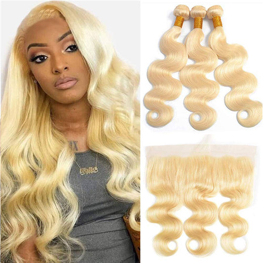 High Quality Blonde Color Hair Bundles 3Pcs with Transparent Lace Frontal