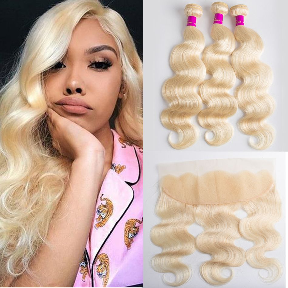 High Quality Blonde Color Hair Bundles 3Pcs with Transparent Lace Frontal