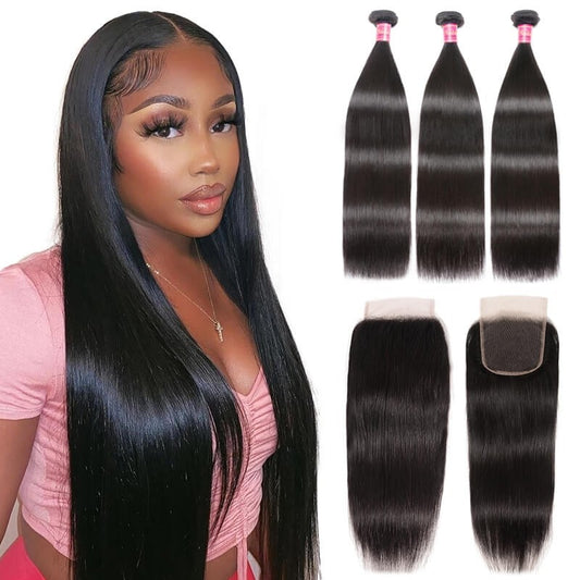 Top Grade Virgin Hair 3 Bundles Silky Straight with 4x4 Transparent/HD Lace Closure