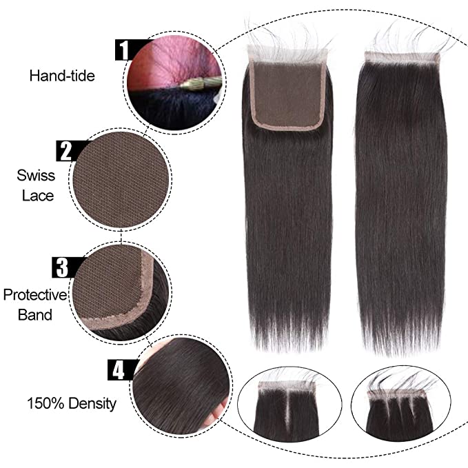 Top Grade Virgin Hair 3 Bundles Silky Straight with 4x4 Transparent/HD Lace Closure