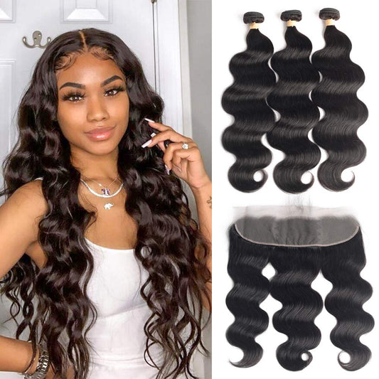 Virgin Hair Body Wave 3 Bundle Deal with 13x4 Lace Frontal Transparent Lace