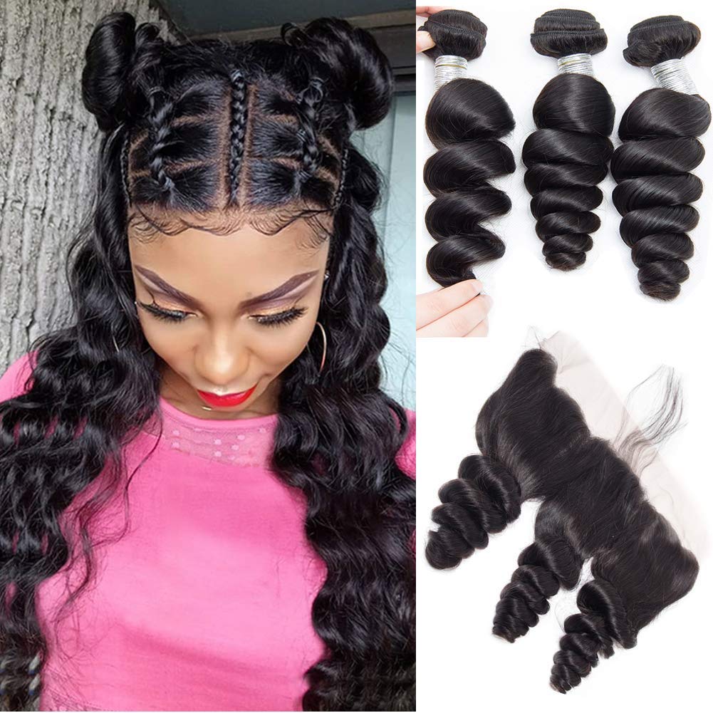 Loose Wave Hair Bundles 3 PCS with 13x4 Lace Frontal Free Part Natural Color