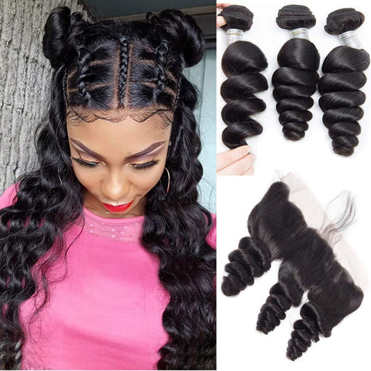Loose Wave Hair Bundles 3 PCS with 13x4 Lace Frontal Free Part Natural Color