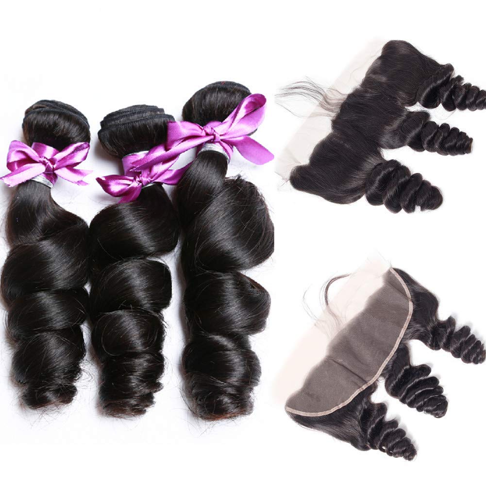 Loose Wave Hair Bundles 3 PCS with 13x4 Lace Frontal Free Part Natural Color