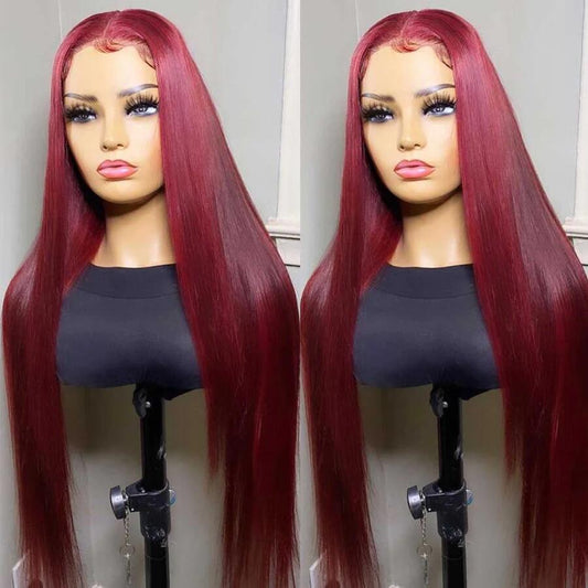 Middle Parted Straight Burg Color Lace Frontal Wig Transparent Glueless Wig