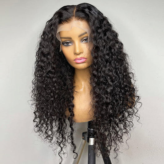 210% Density Curly Human Hair Wigs 13x4 Transparent Swiss Lace Frontal Wig