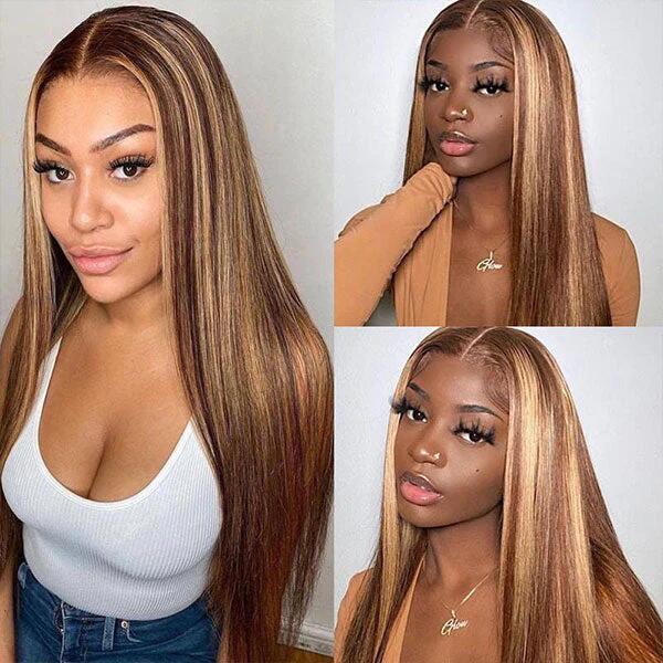 Ombre Brown With Blonde Highlights Straight Glueless Wig Transparent Swiss Lace