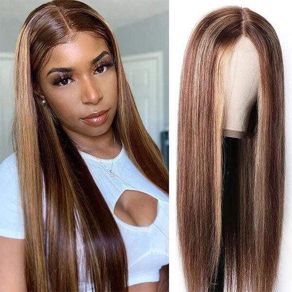Ombre Brown With Blonde Highlights Straight Glueless Wig Transparent Swiss Lace