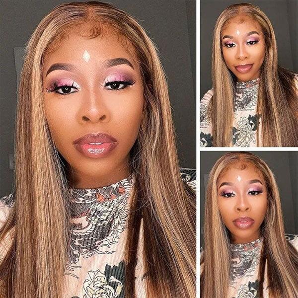 Ombre Brown With Blonde Highlights Straight Glueless Wig Transparent Swiss Lace