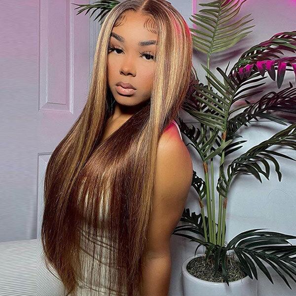 Ombre Brown With Blonde Highlights Straight Glueless Wig Transparent Swiss Lace
