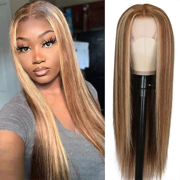 Ombre Brown With Blonde Highlights Straight Glueless Wig Transparent Swiss Lace