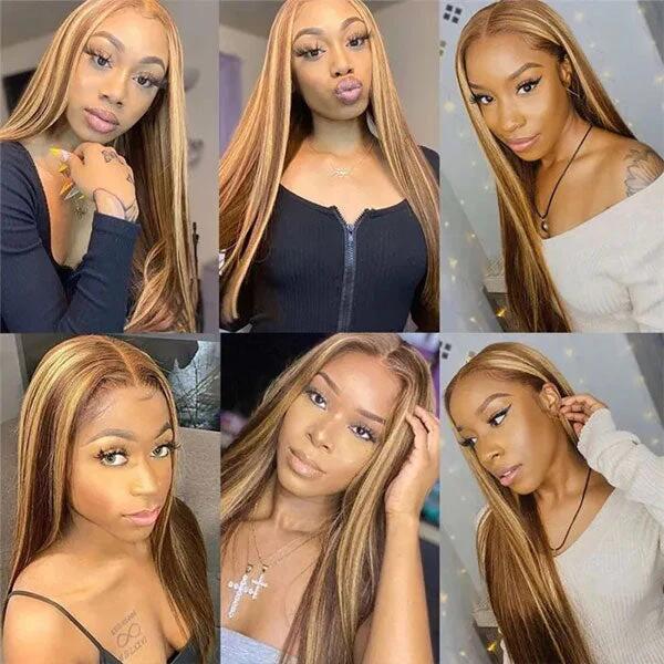 Ombre Brown With Blonde Highlights Straight Glueless Wig Transparent Swiss Lace