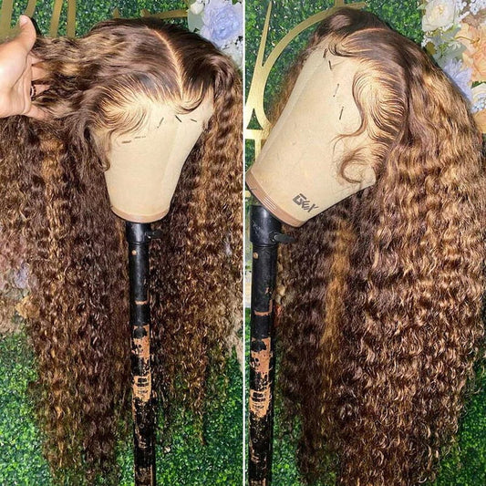 Mixed Highlight Piano Color Deep Wave Wig Transparent Lace Frontal Wig